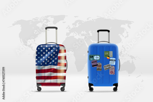 World travelling concept with two bags. 3d vector illustration