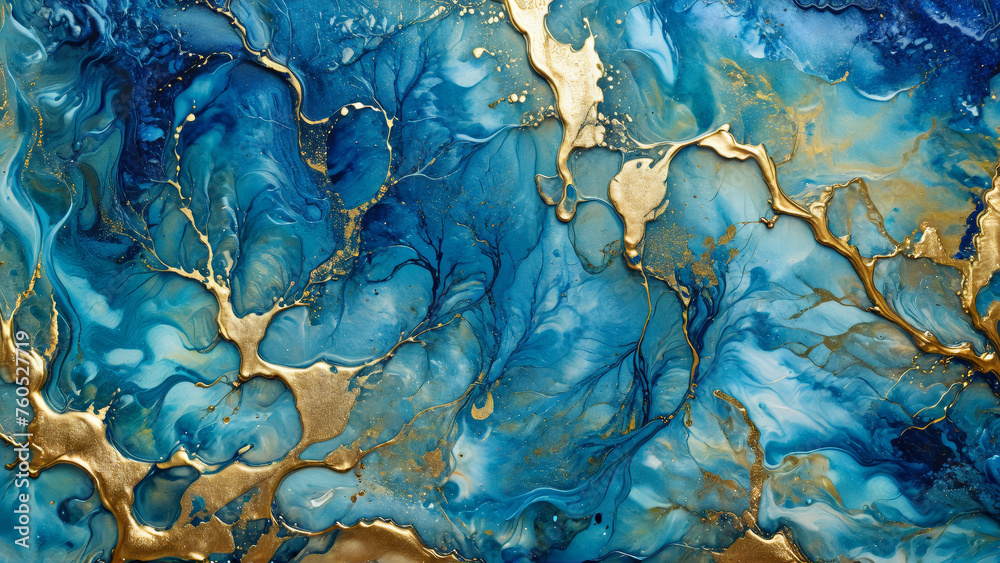 Fototapeta premium Ink Abstract: Blue Colored Paint with Watercolor Stone and Liquid Marble Texture, Modern Gold Glitter Blue Design Splash - Design Template, Wallpaper, Background - Artistic Luxury for Creative Project