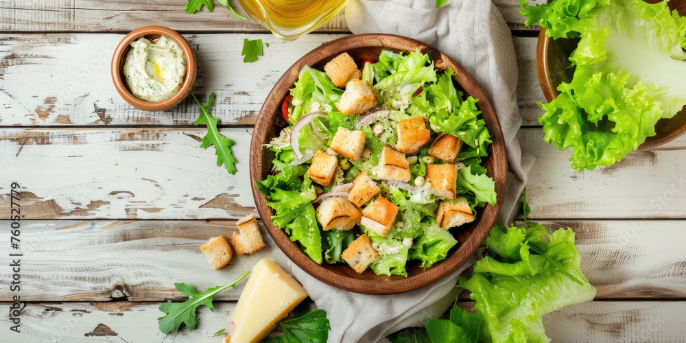 Delicious Caesar Salad on a Wooden Table - obrazy, fototapety, plakaty 