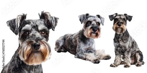 happy miniature schnauzer collection, portrait, sitting, lying and standing, Isolated on Transparent Background, cut out. PNG
