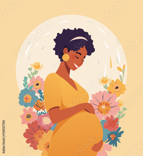 Beautiful pregnant black woman on background with flowers, happy pregnancy concept, mother s day modern card. Flat cartoon vector illustration. © Tanya