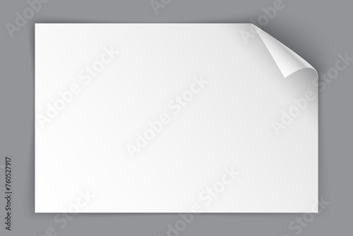 White paper sheet with bending top right corner isolated on grey background. Vector illustration