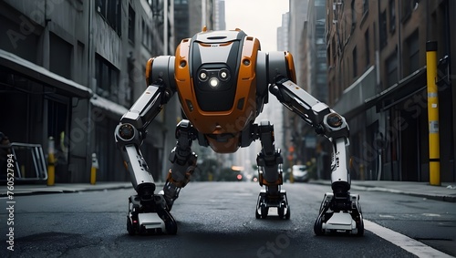 A large, orange and white robot with multiple limbs stands in a desolate urban street at dusk, surrounded by tall buildings

 photo