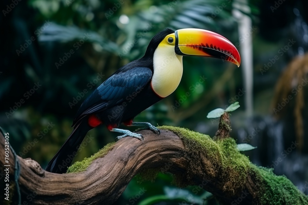 Fototapeta premium Colorful toucan bird perched on lush rainforest tree branch in its natural jungle habitat