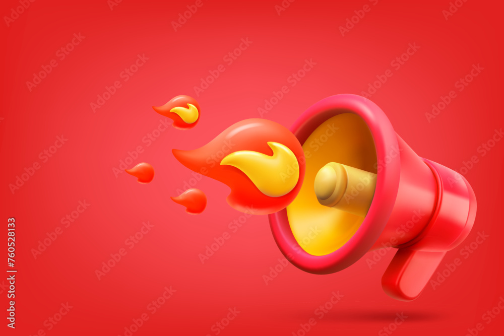 Red bullhorn with flames. Hot news concept. Vector 3d illustration