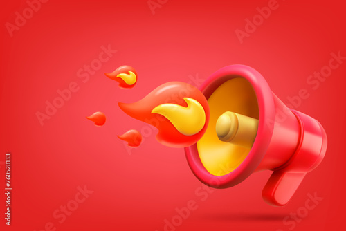 Red bullhorn with flames. Hot news concept. Vector 3d illustration