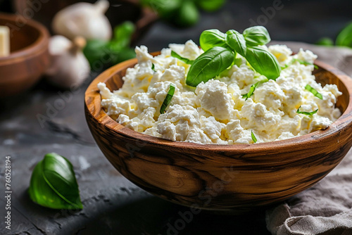 Homemade Italian ricotta cheese or cottage cheese with basil ready to eat сreated with Generative Ai photo