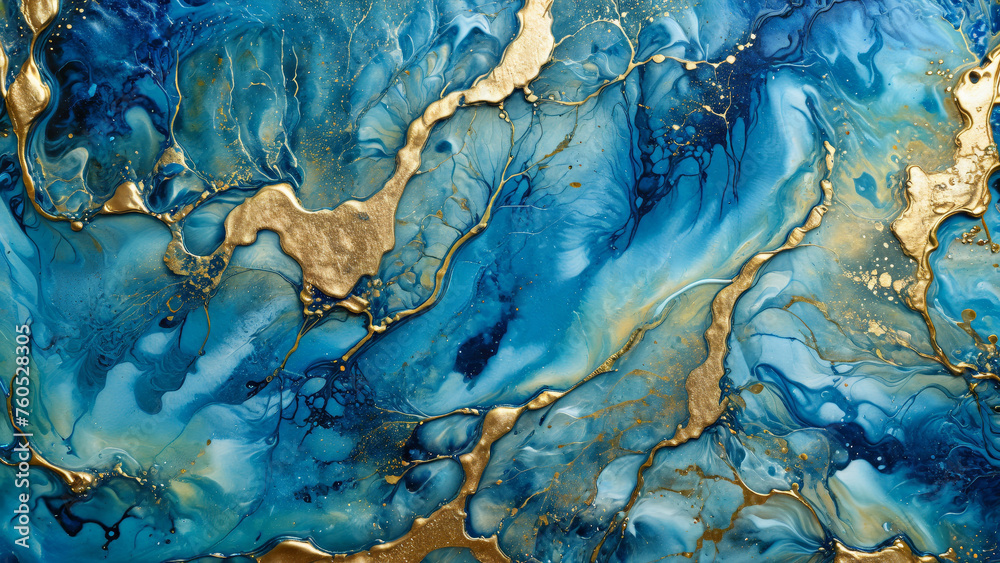 Naklejka premium Ink Abstract: Blue Colored Paint with Watercolor Stone and Liquid Marble Texture, Modern Gold Glitter Blue Design Splash - Design Template, Wallpaper, Background - Artistic Luxury for Creative Project