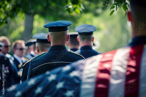 Uniformed officers stand solemnly with the American flag in remembrance. Memorial day. photo