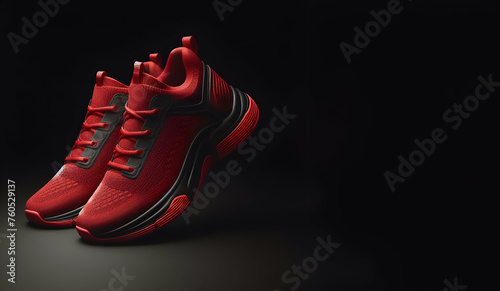 High Fashion Red shoes for sports with copy space and black background, generative ai
