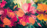 Paint brush strokes pink flowers wallpaper. floral closeup canvas background 