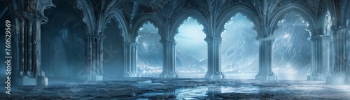 Gothic architecture powered by quantum computing, overlooking bioluminescent oceans