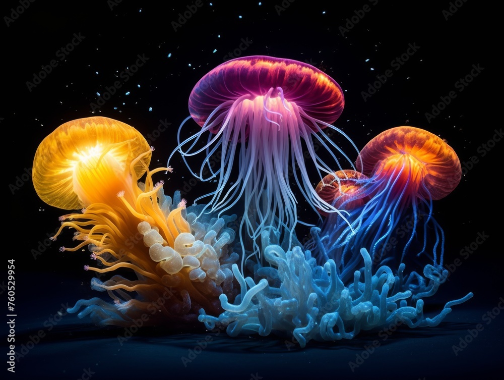 Obraz premium Quests for discovering underwater photography techniques that capture bioluminescence in marine life