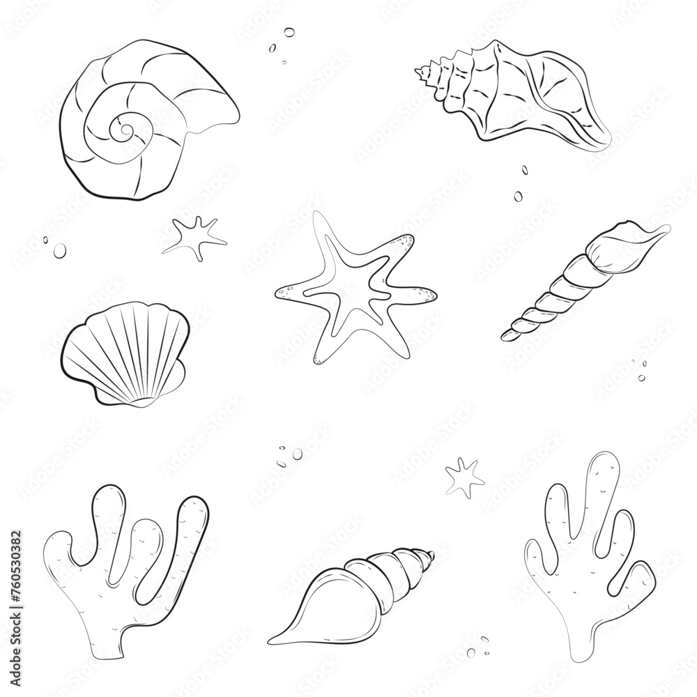 Set of marine elements on white background. Trendy picture for packaging, wallpaper, children's, clothing and stationery. Set of marine elements on white background. Trendy picture for packaging, wallpaper, children's, clothing and stationery.