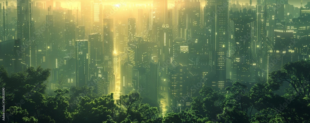 Smart cities built in harmony with ancient forests, utilizing renewable energy and protected by cybernetic guardians