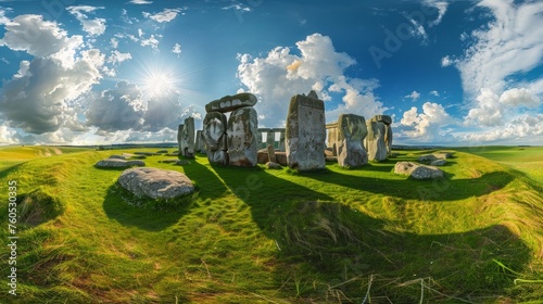 Spring sunny landscape of historic Stonehenge in England, UK. Beautiful panorama. photo