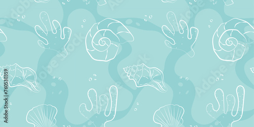 Seamless line pattern of seashells, corals, mollusks, starfish on blue background. Trendy line illustration of collection of seashells for packaging and notebooks.