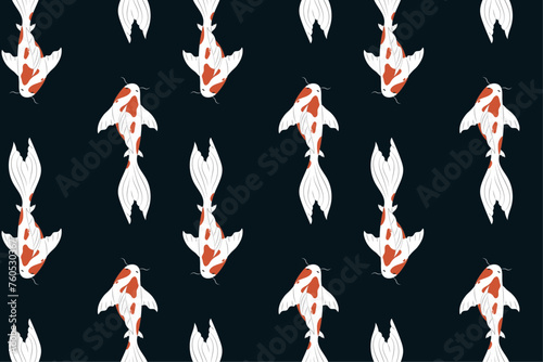 Seamless pattern carp on dark background. Bright vector illustration. Fashionable painting for packaging, wallpaper, children's, clothing and stationery.