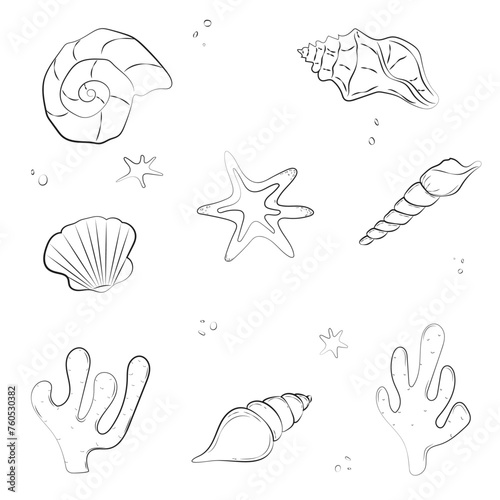 Set of marine elements on white background. Trendy picture for packaging, wallpaper, children's, clothing and stationery. © Yanush.ya