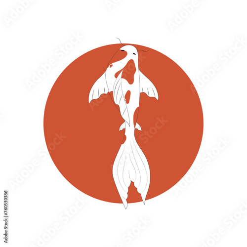 Beautiful carp on orange circle and white background. Bright vector illustration. Beautiful fish. Trendy picture for packaging, wallpaper, children's, clothing and stationery.