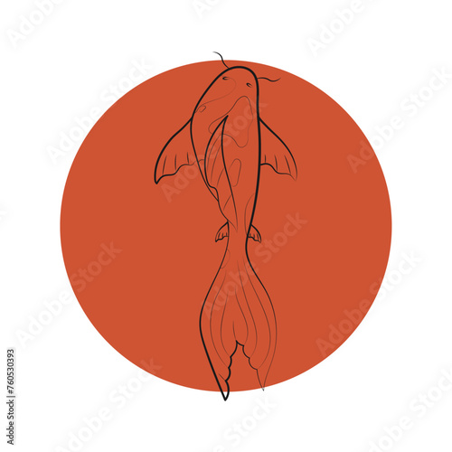 Beautiful line carp on orange circle and white background. Bright vector illustration. Trendy picture for packaging, wallpaper, children's, clothing and stationery. Beautiful fish.
