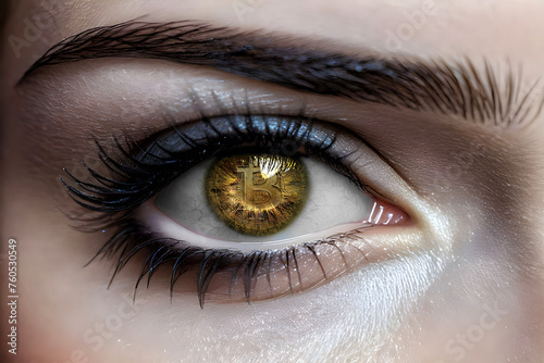 Detalle de un ojo humano con un símbolo de bitcoin superpuesto en el iris. Concepto de venta del iris por criptomonedas