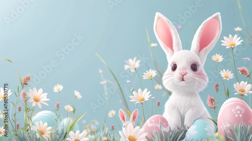 Cute Easter bunny and colored easter eggs isolated on blue background. Floral elements. Happy Easter. Celebration. Room for copy space.