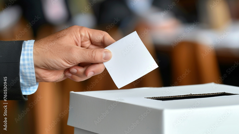 Man putting his vote into ballot box on blurred background сreated with Generative Ai Man putting his vote into ballot box on blurred background сreated with Generative Ai