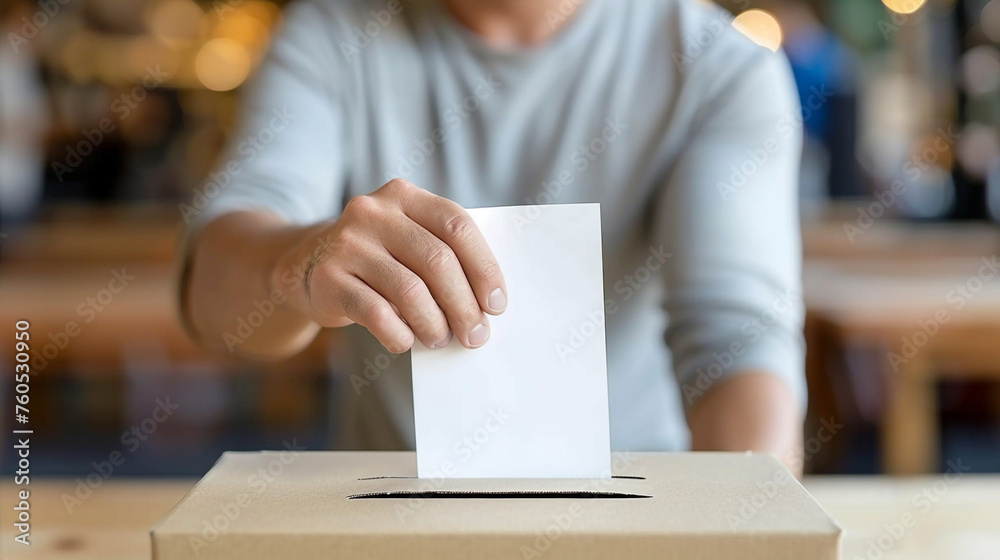 Man putting his vote into ballot box on blurred background сreated with Generative Ai Man putting his vote into ballot box on blurred background сreated with Generative Ai