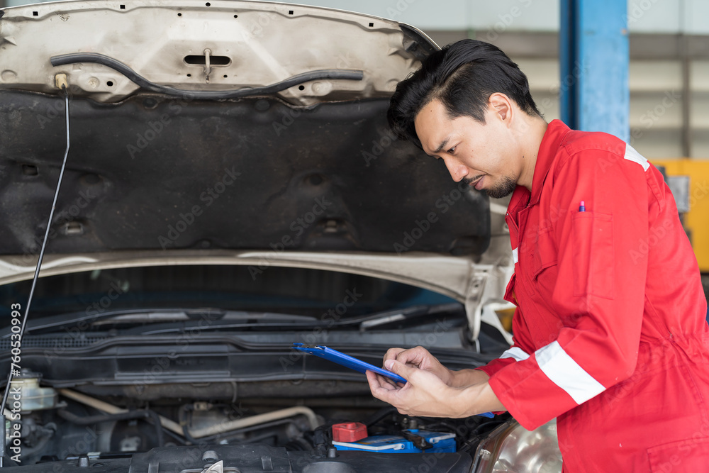 Male mechanic working at garage. Professional Asian male mechanics checks, repair and maintenance under hood of at auto car repair service. Car service and Maintenance concept Male mechanic working at garage. Professional Asian male mechanics checks, repair and maintenance under hood of at auto car repair service. Car service and Maintenance concept