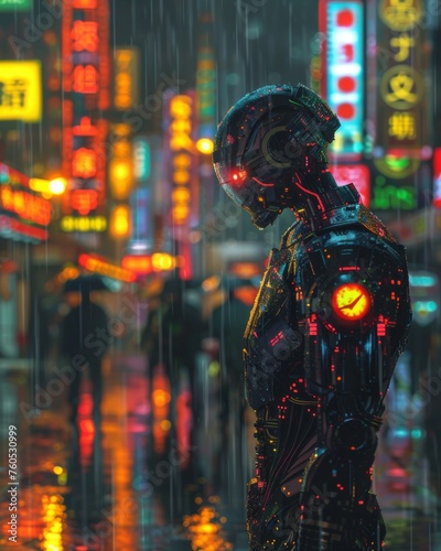 Cyborg in rainy neon-lit cityscape at night - A humanoid robot illuminated by neon signs stands in a rainy urban environment