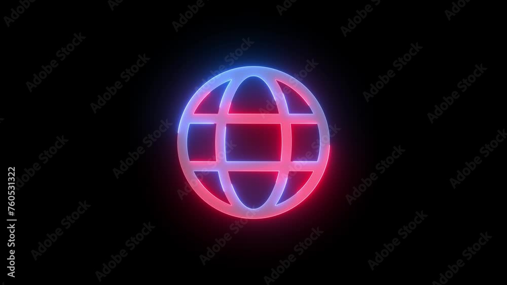 Neon globe icon blue red color glowing animation black background Neon globe icon blue red color glowing animation black background