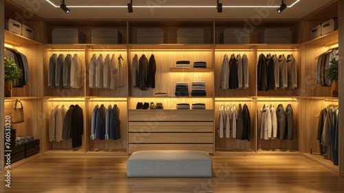 wide wooden dressing room  interior of modern house  Modern closet with LED lights with clothes.