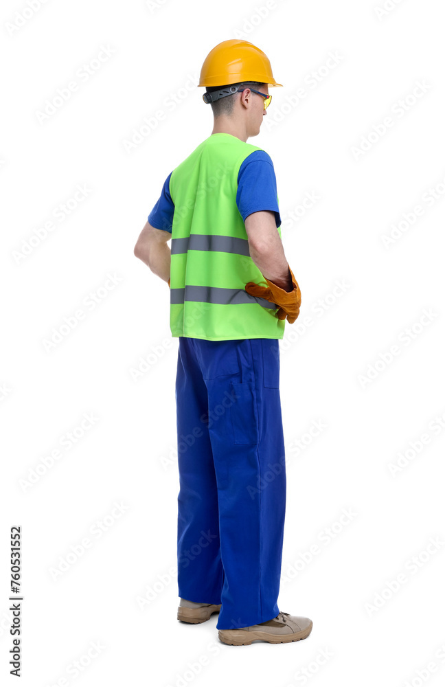 Young man wearing safety equipment on white background, back view Young man wearing safety equipment on white background, back view