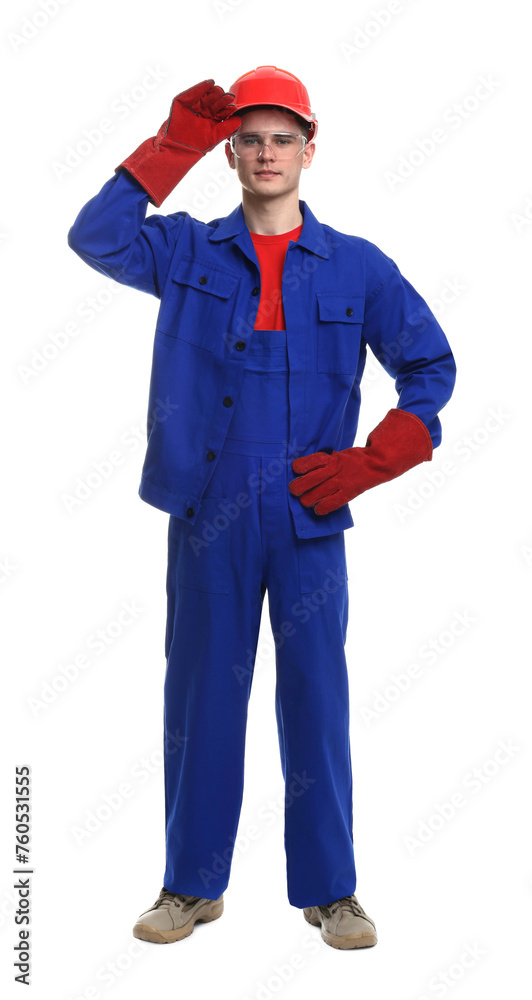 Young man wearing safety equipment on white background Young man wearing safety equipment on white background