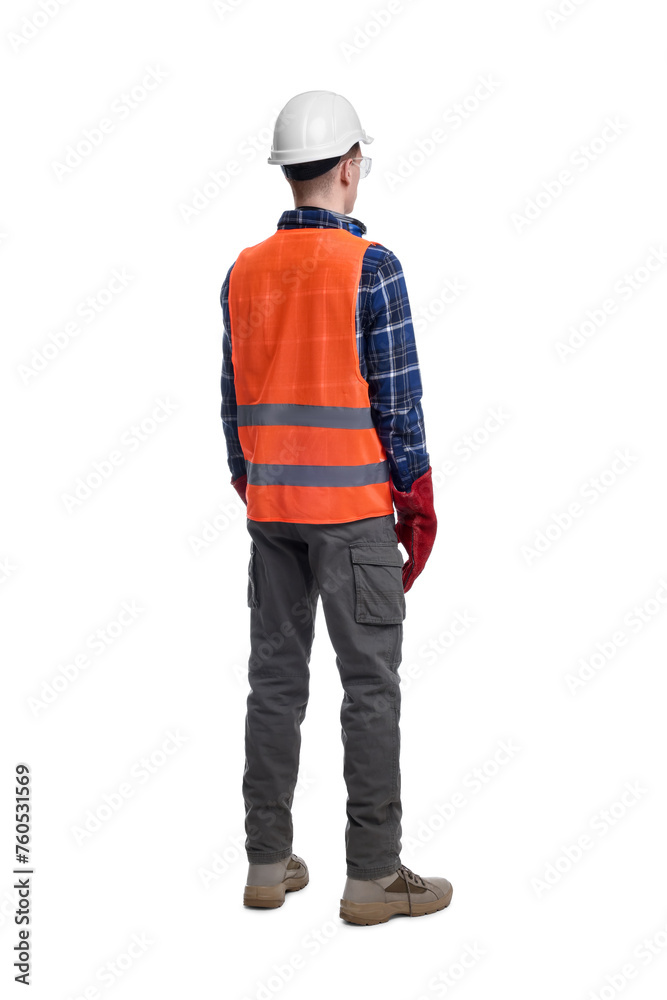 Young man wearing safety equipment on white background, back view Young man wearing safety equipment on white background, back view