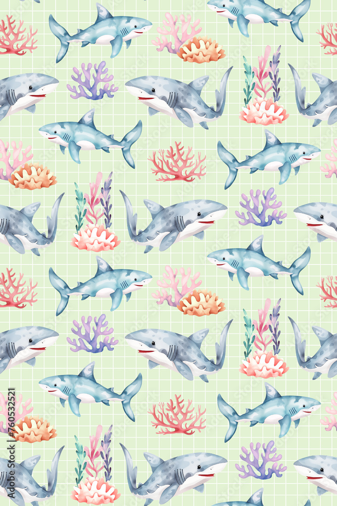 custom made wallpaper toronto digitalCute baby watercolor pattern with sharks and seaweed. Perfect for baby clothing, textiles, fabrics
