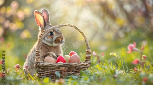 Easter rabbit, bunny, sits by a basket filled with colorful eggs in grass. Happy easter. Celebration.