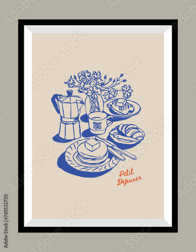 Minimalist hand drawn food and beverages vector print poster in a frame. Art for postcards, branding, logo design, greeting card