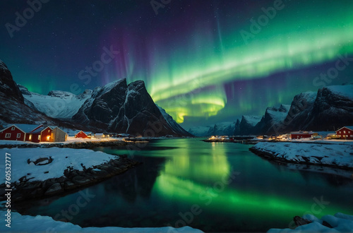 Aurora borealis over Hamnoy in Norway. © руслан малыш