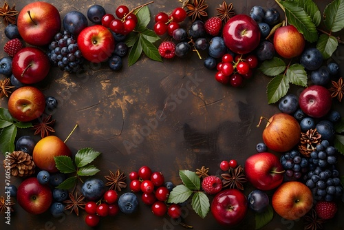 A Painting of Apples, Berries, and Pine Cones in a Wreath