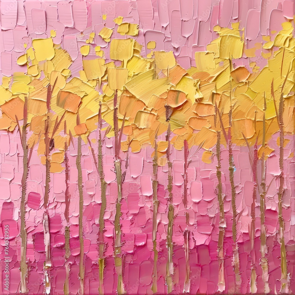 Fototapeta premium A painting featuring vibrant yellow and pink trees against a soft pink background