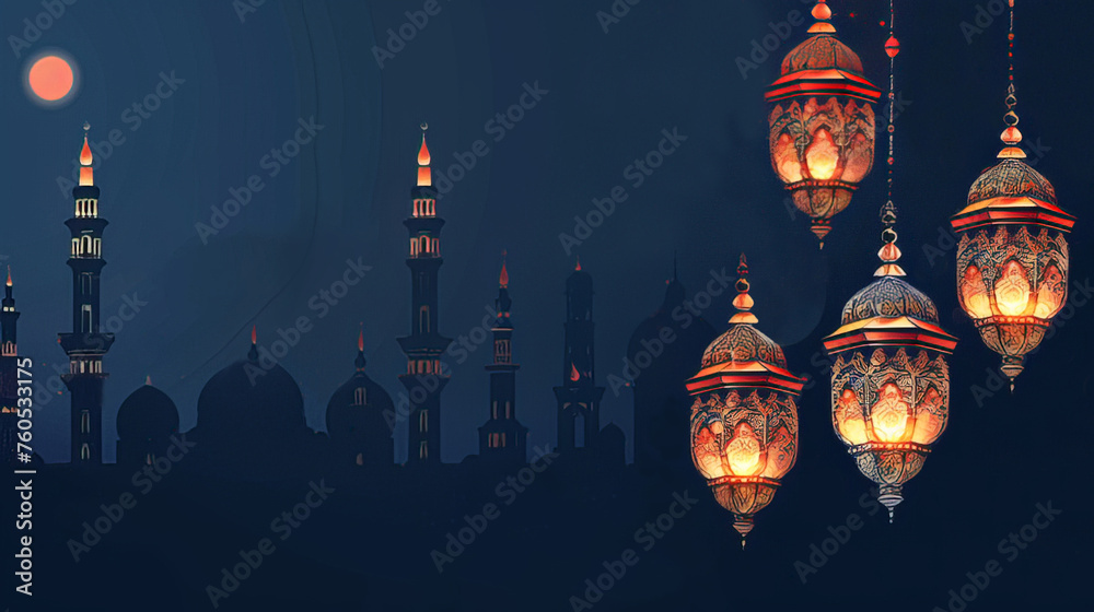 Silhouette of a masjid with hanging Arabic lanterns Eid celebration banner. Dark peaceful Eid Mubarak celebration banner for Muslims.  - obrazy, fototapety, plakaty 