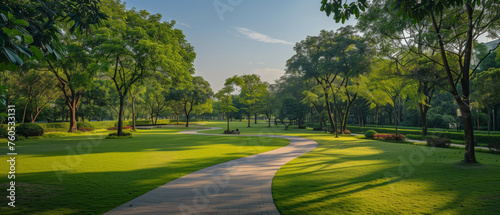 Lush green park with a winding wooden pathway amidst manicured lawns, surrounded by a variety of trees and shrubs, illuminated by soft sunlight, conveying a peaceful and serene outdoor atmosphere.