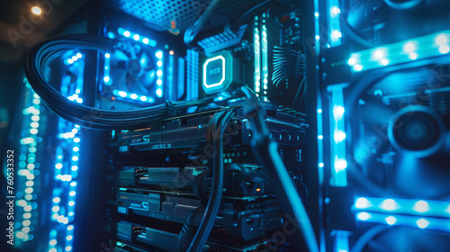 Illuminated interior of a modern computer case showcasing hardware components with neon blue lights and cables connecting parts like the motherboard, RAM, and graphics cards. photo