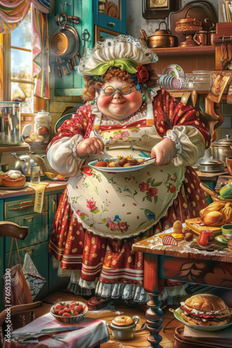 A painting depicting overweight woman cooking in a busy kitchen, surrounded by pots, pans, and ingredients, focused on preparing a meal