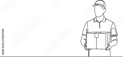 continuous single line drawing of delivery person holding parcel, line art vector illustration