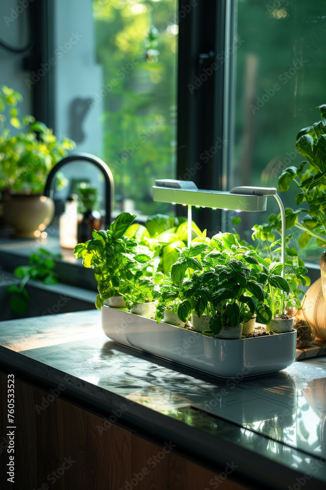 Indoor herb garden on a kitchen counter, illuminated by a grow light, showcasing fresh green herbs in a modern home setting with natural sunlight filtering in from the window.