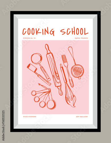 Minimalist hand drawn kitchen utensils vector print poster in a frame. Art for postcards, branding, logo design, greeting card