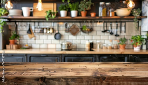 Empty wooden table against blurred kitchen counter background for a neat and inviting space